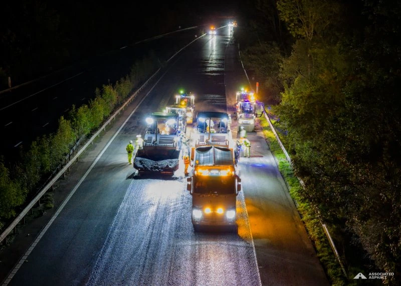 Road Maintenance and Asphalt Paving Work on Highway at Night
