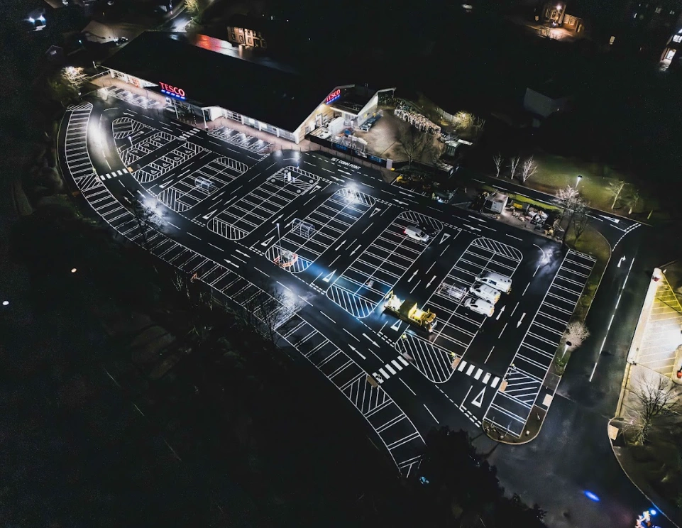 Aerial shot of Tesco car park the AA retail resurfaced